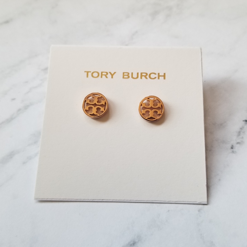 Tory Burch Rose Gold Round Logo Stud Earrings